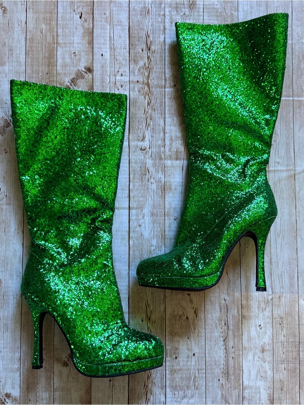 Green Glitter High-Heel Mid-Calf Boots